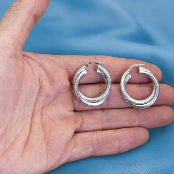 Textured 925 Silver Hoops, Double Style, Unique Stylish Earrings, Everyday Hoops - Picture 5 of 7